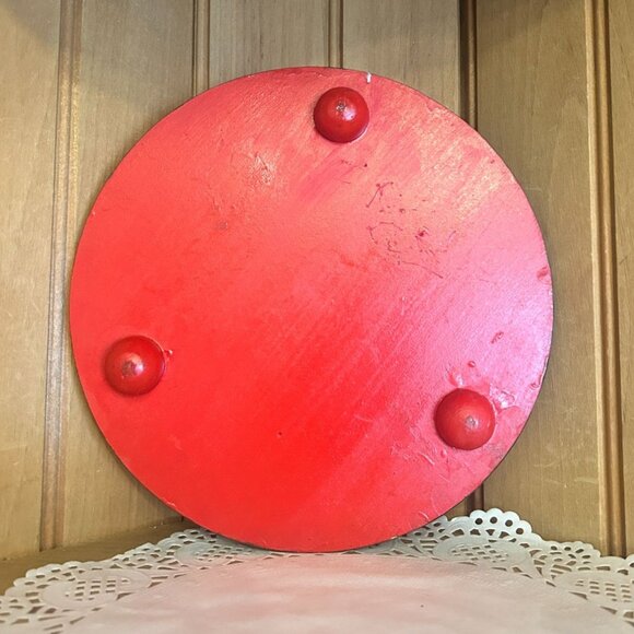 Vintage Wooden Trivet Abstract Christmas Design Red Green Gold Round 7.5 Inches - Picture 4 of 4